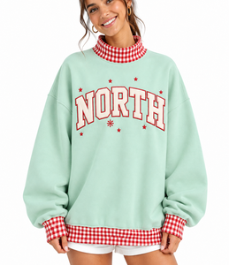 Custom <b>Women</b>’s Oversized <b>Christmas</b> Mockneck <b>Sweatshirt</b> Gingham Letter Applique Embroidery Loose Fit Winter Top - Product Image 1