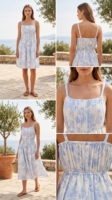 Robe midi plissée bleue à fleurs pour femme, 100 % coton respirant, décontractée, printemps-été, taille naturelle, coupe trapèze, avec poches