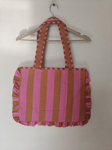 <b>For</b> Brown Striped Quilted Cotton <b>Laptop</b> Tote <b>Bag</b> with Ruffles Shoulder <b>Carry</b> Cute Style Large Capacity Daily Use - Product Image 1