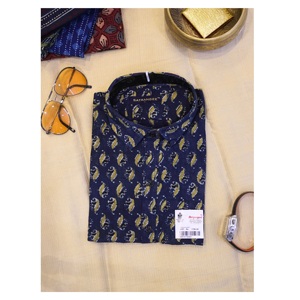 Chemise en coton bleu marine imprimée pour homme, motif plumes et feuilles, manches longues, légère, confortable, décontractée - Product Image 1
