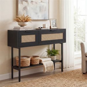Consolle in Rattan Nero da 40 Pollici con Armadietti Contenitori, Robusta Struttura in Acciaio al Carbonio e Ripiano Aperto, Tavolo da Ingresso Livi in Marmo - Product Image 2