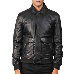 Chaquetas de cuero tipo bomber para hombre, de piel de oveja auténtica, con cierre de cremallera y solapa con botones, estilo cuello camisero, premium. - Product Image 1