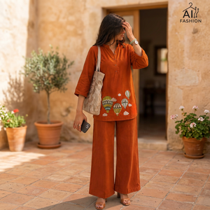 Ensemble Kurta en coton orange pour femme avec broderie montgolfière, tenue décontractée printemps-été pour le quotidien - Product Image 2
