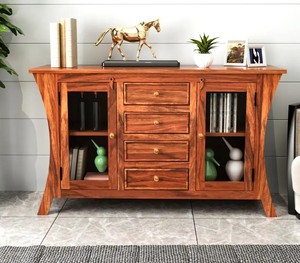 Wholesale Modern Curved Solid Wood <b>Sideboard</b> 2 Glass Door Buffet Cabinet with 4 Drawers For Home | Pindel Handicraft - Product Image 4