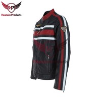 Herren Echte Marineblaue Lederjacke mit Rot-Weißen Rennstreifen Biker Motorrad Rindsleder Mantel Retro Abzeichen Maßgefertigte Klassische Wintermäntel
