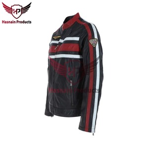 <b>Mens</b> Real Navy Blue Leather <b>Jacket</b> Red <b>White</b> Racing Stripe Biker Motorcycle Cowhide Coat Retro Badge Custom Classic Winter Coats - Product Image 4