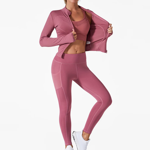 Ensemble de yoga sans couture trois pièces pour femmes, soutien-gorge de sport, vêtements de sport, leggings taille haute et haut à manches longues - Product Image 2