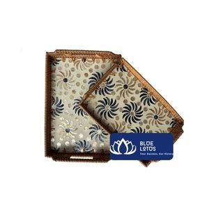[BEST SELLING] Plateau rectangulaire en rotin incrusté de perles de lotus bleu, style zen asiatique, pour servir du café, du thé, du petit-déjeuner, décoration de table - Product Image 1