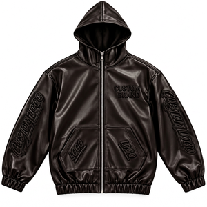 <b>Men's</b> Custom <b>Faux</b> <b>Leather</b> Hoodie Outerwear Raised Chest Logo Sleeve Graphics Full Zip Street Fashion <b>Jacket</b> - Product Image 2