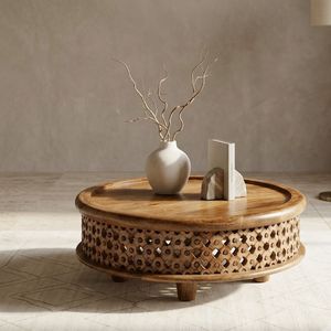Mesa de Centro Redonda de Madera de Mango Maciza con Almacenamiento, Diseño Tallado, Muebles Modernos y Tradicionales para Sala de Estar - Product Image 3