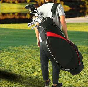 Sac de golf professionnel en cuir synthétique jaune moutarde avec organisation multi-poches et housse de pluie assortie - Product Image 1