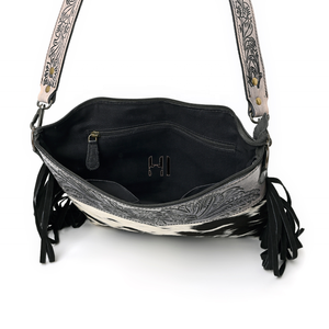 Cowhide Hair Leather Crossbody Bag Flower Tooled Western <b>Fringe</b> Purse - Product Image 4