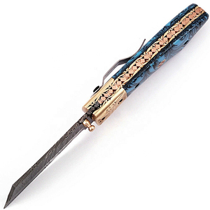 Couteau pliant artisanal en acier Damas DCK003, manche marbré bleu, accents dorés, lame droite, qualité industrielle, outil ODM - Product Image 4