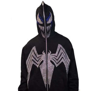 Sudadera con capucha Y2K personalizada extragrande con cremallera completa y pedrería para hombre y mujer, estilo streetwear, gráfico de esqueleto y araña, cristal, hip hop, gótica - Product Image 4