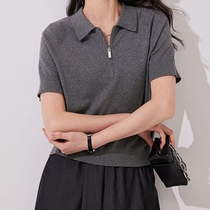 <span class=keywords><strong>Polo</strong></span> en tricot <span class=keywords><strong>bleu</strong></span> <span class=keywords><strong>marine</strong></span> uni avec fermeture éclair, manches courtes, haut décontracté pour <span class=keywords><strong>femme</strong></span>, respirant, coupe classique - Product Image 4