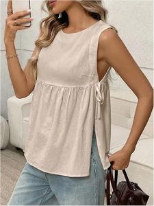 Débardeur pour femme à nœud papillon sur le côté, sans manches, col rond, style peplum, coupe babydoll, décontracté, pour l'été - Product Image 3