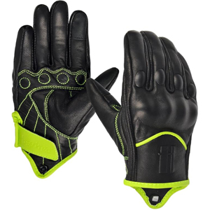 Gants de course en cuir à doigts entiers, noirs avec surpiqûres vert lime, sangle de poignet réglable, unisexe, pour la conduite et l'usage en extérieur - Product Image 1