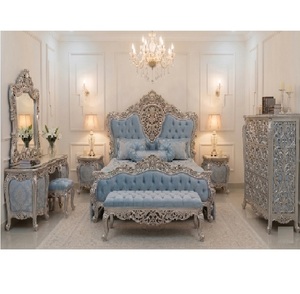 Ensemble de meubles de chambre à coucher modernes et luxueux, orné d'éléments argentés, en teck massif, taille complète, ensemble de lit durable, taille personnalisable, meubles pour la maison - Product Image 1
