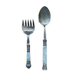 Antique Mother Of Pearl Handle Serving Set <b>Victorian</b> Engraved Silver Pickle Fork & Jam Spoon Utensils Collectible MOP Flatware - Product Image 1