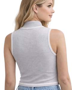 Débardeur côtelé gris clair pour femme à col montant avec strass, sans manches, été, personnalisable, fabriqué sur mesure - Product Image 2