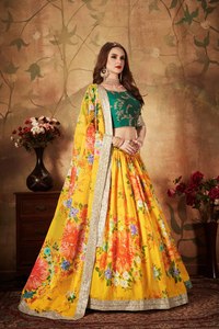 Conjunto de Lehenga con Estampado Floral Amarillo, Dupatta de Organza, Lentejuelas Bordadas, Traje de Novia para Mujer - Product Image 3