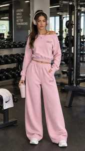 Conjunto Deportivo de 2 Piezas para Mujer, Estampado Rosa, Top Corto de Cuello Alto y Manga Larga, Pantalones Deportivos de Pierna Ancha con Cintura Elástica y Cierre - Product Image 4