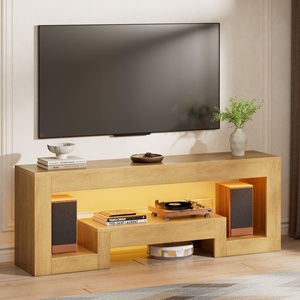 Support <span class=keywords><strong>TV</strong></span> LED personnalisable, console <span class=keywords><strong>TV</strong></span> en bois naturel de 54,3 pouces avec compartiments de rangement, centre de divertissement pour jeux - Product Image 6