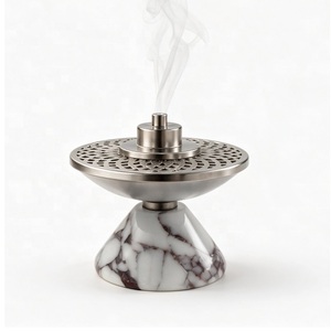 Natural White Veined <b>Marble</b> Incense Burner – Brushed Nickel Lattice <b>Mesh</b> Bakhoor Caddy - Product Image 1