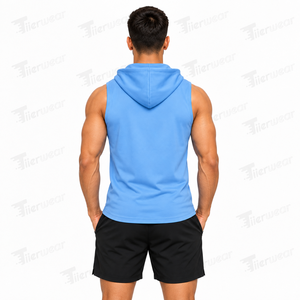 Camiseta sin mangas con capucha azul para hombre, de poliéster de secado rápido, chaleco deportivo informal con logo estampado frontal, camiseta con capucha para hombre - Product Image 4