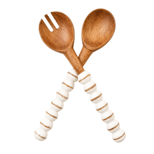 Juego de servidores de ensalada de madera de mango hechos a mano con mangos con cuentas blancas, ecológicos, cuchara y tenedor de madera de 10.5 pulgadas. - Product Image 1