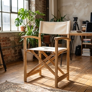 Chaise de directeur en teck Karya, pliable, avec dossier serré et accoudoirs droits, pour extérieur, en tissu, pour villa moderne et jardin, finition naturelle CHA18 No - Product Image 4