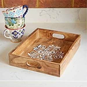 Rustic Wooden Serving Tray Set with Printed Pattern Bottom Decorative Nesting Trays with Handles for Ottoman <b>Coffee</b> <b>Table</b> Trays - Product Image 6