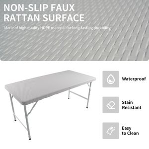 Tavolo Pieghevole Portatile in Rattan Bianco da 4 Piedi per Interni ed Esterni con Design Intrecciato - Product Image 4