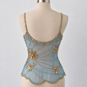 Blue Mesh Dance Camisole Leotard Rhinestone <b>Sequin</b> Stage Performance <b>Top</b> Custom Showwear for <b>Women</b> - Product Image 3
