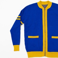 Cardigan tricoté bleu pour femme, style sororité grecque, col en V contrastant jaune, manches longues, broderie hiver, boutons, OEM