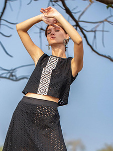 Chic Handcrafted Black Eyelet Schiffli Cotton Crop <b>Top</b> Geometric Embroidered Panel Fusion <b>Festival</b> Wear Elegant Sleeveless <b>Top</b> - Product Image 3