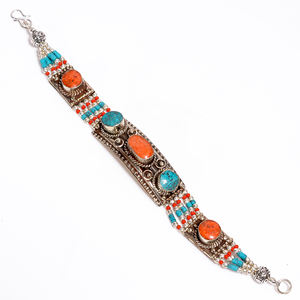 Pulsera con cuentas de turquesa y coral, joyería tibetana - Product Image 3