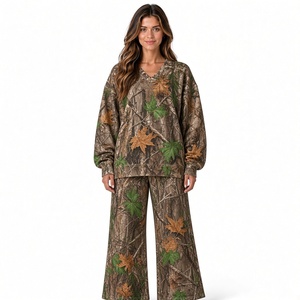 Women's V Neck Sweatshirt and Wide Leg Pants 2 <b>Piece</b> <b>Lounge</b> <b>Set</b> Pink Tree Branch Leaf Print Co Ord <b>Set</b> For Women - Product Image 6