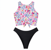 Baju Renang Wanita Motif Bunga Kerah Bulat Model Crop High Cut Bikini High Neck Tankini dengan Ikat Depan