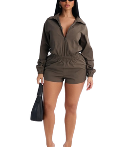 Conjunto Casual de 2 Piezas para Mujer, Color Sólido, Sudadera con Capucha y Cremallera de Manga Larga con Pantalones Cortos, Corte Regular, Transpirable, Poliéster/Algodón, Ropa de Otoño - Product Image 2