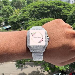 Montre Homme Personnalisée Éclat Scintillant en Acier Inoxydable Carré, Entièrement Sertie de Moissanite et Diamants, Style Hip-Hop, Affichage Analogique - Product Image 1