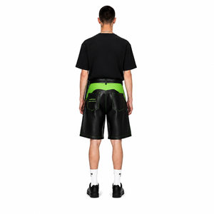 Shorts Bermuda Premium pour Homme en Cuir d'Agneau Plonge Extensible, Taille Mi-Haute, Fermeture Boutonnée, Coupe Large, Couleur Vert Citron, Surpiqûres Contrastantes, Personnalisé - Product Image 2