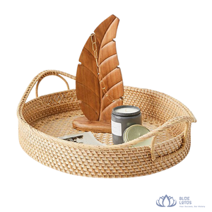 Premium <b>Foldable</b> Round Rattan Woven Tray for Elegant Bathroom and <b>Desk</b> Display Easy Serving Food Storage - Product Image 1