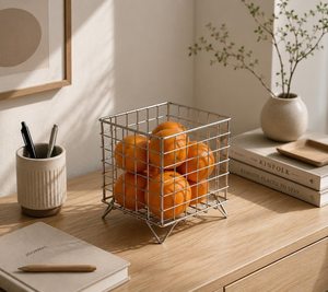 <b>Square</b> Metal <b>Storage</b> <b>Basket</b> | Minimalist Desk Organizer | Industrial and Bauhaus Style | Designer Fruit <b>Basket</b> - Product Image 3