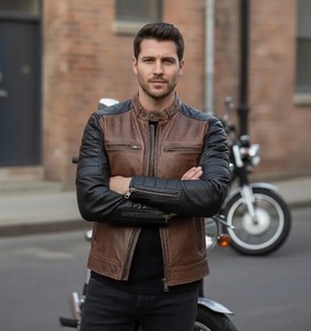 Chaqueta de Motociclista Estilo Café Racer para Hombre, de Cuero Genuino Marrón y Negro, Diseño Vintage Desgastado - Product Image 3