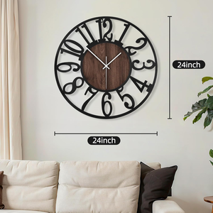 Grande horloge murale ronde en métal noir et bois, fonctionnant à piles, sans tic-tac, horloge décorative pour salon, bureau à domicile, cuisine - Product Image 2
