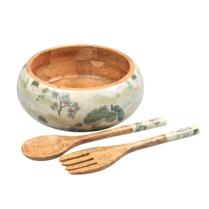 ชุดชามสลัดไม้มะม่วงทำมือขายส่ง พร้อมที่เสิร์ฟสองชิ้น ชามเสิร์ฟลายพิมพ์สำหรับตกแต่งบ้านและโรงแรม - Product Image 1