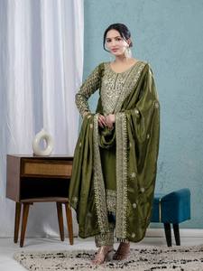 Designer Olive <b>Green</b> <b>Silk</b> Embroidery Salwar Kameez Heavy Dupatta for Wedding/Party Occasions Women Traditional Wear Quick Dry - Product Image 1
