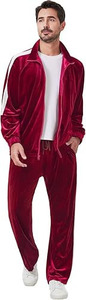 Ensemble de survêtement en velours de luxe pour homme – Sweat-shirt zippé en velours rouge foncé et pantalon assorti à empiècements latéraux - Product Image 4