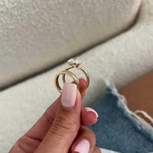 <b>UNIQUE</b> 3 Carat Cushion Lab Grown Diamond Half Bezel Flush Fit Bridal Set, Yellow Gold Dainty <b>Engagement</b> <b>Ring</b> Set, IGI Certified - Product Image 2